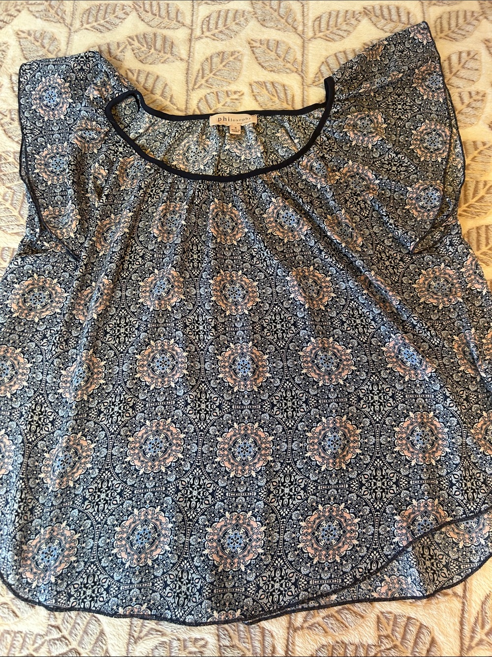 Philosophy Navy Blue Medallion Print Flutter Sleeve Top